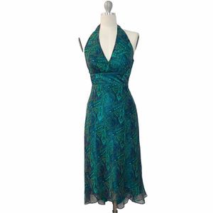 Laundry by Shelli Segal Halter Dress Size 2 Green Paisley 100% Silk High Low Hem